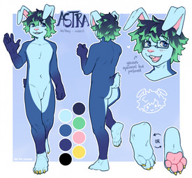 anthro bent_ears blue_body blue_fur blush blush_lines colored_nails eyewear fur glasses green_hairtips greeting_viewer male nails pawpads solo yellow_nails kyrosh lagomorph leporid mammal rabbit hi_res model_sheet
