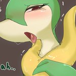 1:1 ambiguous_gender anthro biped blush bodily_fluids ehada generation_5_pokemon green_body nintendo open_mouth pokemon pokemon_(species) red_eyes saliva servine simple_background solo tongue tongue_out yellow_background