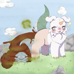ambiguous_gender anthro bodily_fluids claws detailed_background duo fart fart_cloud feces feces_pile feral green_fart_cloud horn laugh scat_disposal scatplay sky tears pamperpupsage chiikawa anoko_(chiikawa) 1:1 hi_res