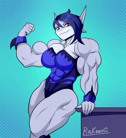abs animated_gif anthro biceps big_breasts big_muscles blue_background blue_hair breasts clothed clothing female flexing flexing_bicep grin hair huge_muscles leaning looking_at_viewer muscular muscular_female muscular_thighs onomatopoeia pecs pecs_with_breasts red_eyes sharp_teeth simple_background smile sound_effects standing teeth text rakoongrey shira_weaver_(rakoongrey) aquatic fish humanoid makann shark 2d_animation animated frame_by_frame hi_res short_playtime