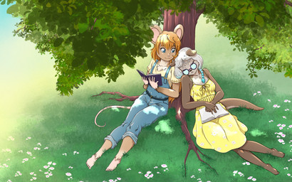anthro biped blue_clothing blue_eyes blue_overalls book braided_hair breasts brown_body clothed clothing countershade_face countershade_torso countershading day dress duo eyebrows eyewear female glasses grass green_hair hair holding_book holding_object leaning leaning_backward leaning_on_tree looking_at_another outside overalls plant plantigrade round_glasses short_hair sitting sleeping small_breasts tan_body tan_countershading tree wearing_glasses white_hair yellow_clothing yellow_dress young young_anthro young_female risingdragon abigail_brooks_(risingdragon) avery_harper_(prettywings) mammal mouse murid murine mustelid otter rodent sea_otter 2025 hi_res
