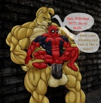 abs anal anal_penetration animal_genitalia anthro anthro_penetrating anthro_penetrating_human balls biceps big_balls big_dom_small_sub big_muscles big_penis biped black_penis bodily_fluids brown_body brown_fur bulge clothing costume cum cum_in_ass cum_inside cum_on_penis cum_string cumshot dialogue dominant duo ejaculation erection fur genital_fluids genitals green_eyes huge_muscles huge_penis human_on_anthro human_penetrated hyper interspecies larger_anthro larger_male leaking leg_grab licking male male/male male_on_bottom male_on_top male_penetrated male_penetrating male_penetrating_male mask muscular muscular_male navel nipples nude on_bottom on_top orgasm pecs penetration penis reverse_cowgirl_position sex sheath size_difference smaller_human smaller_male text thick_penis tongue tongue_out uniform vein yellow_body yellow_fur zeusralo marvel deadpool canid canine canis domestic_dog human mammal english_text