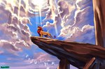 cloud detailed_background feral fur light light_beam lighter_belly male mane mouth_closed orange_body orange_fur pride_rock red_mane rock solo standing sunbeam sunlight sunny noki001 disney the_lion_king mufasa felid feline lion mammal pantherine hi_res