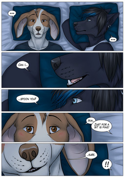 anthro bed bed_sheet bedding black_body black_fur black_hair blanket blue_eyes blush brown_eyes close-up clothing dialogue duo ear_piercing ear_ring ellipsis exclamation_point eyebrow_through_hair eyebrows fur furniture hair hand_under_pillow highlights_(coloring) looking_at_another looking_at_partner looking_up lying male male/male night night_shirt on_back on_side piercing pillow pillow_talk ring_piercing romantic romantic_couple shirt tan_body tan_fur tank_top text topwear translucent translucent_hair gaikotsu airam tauski canid canine canis domestic_dog mammal wolf comic english_text hi_res