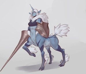 blue_body blue_fur blue_skin bra breasts clothing exposure_variation female female_taur fur hair horn lance melee_weapon navel polearm shield simple_background solo sports_bra standing stripes taurification taurified underwear weapon white_hair arbuzbudesh capcom monster_hunter elder_dragon equid equid_taur humanoid_taur kirin_(mh) mammal mammal_taur taur signature