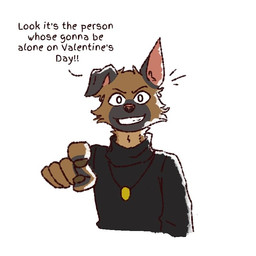 anthro black_body black_clothing black_fur black_topwear brown_body brown_fur cheek_tuft clothing dialogue facial_tuft fur gesture grin hand_gesture holidays humor inner_ear_fluff jewelry male necklace pointing simple_background smile solo text topwear tuft white_background wondershove valentine's_day asher_(wondershove) canid canine canis domestic_dog mammal 1:1 2021 digital_media_(artwork) english_text meme