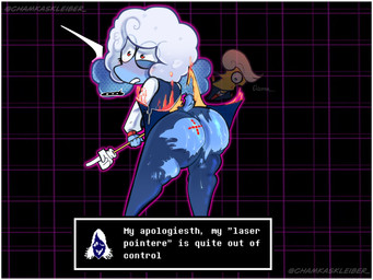big_butt blue_body blue_butt blue_eyes border bottomwear butt butt_focus clothing female fire fluffy fluffy_hair group hair laser_pointer male male/female male/male pants red_eyes speech_bubble text trio wardrobe_malfunction white_border yellow_body chamiku chamkaskleiber deltarune undertale_(series) elnina_(deltarune) lanino_(deltarune) rouxls_kaard humanoid 4:3 absurd_res digital_drawing_(artwork) digital_media_(artwork) english_text hi_res