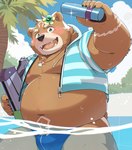 anthro beach belly big_belly black_nose blush brown_body brown_fur bulge clothing detailed_background fur hoodie humanoid_hands kemono male moobs navel nipples outside overweight overweight_male palm_tree plant solo swimwear topwear tree water tulrang crave_saga gabu_(crave_saga) bear mammal 2024 absurd_res hi_res