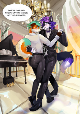 5_fingers anthro ballroom belt blush chandelier chin_tuft clothed clothing collared_shirt dancing dialogue diaper diaper_under_clothing dipstick_ears dipstick_tail dress_pants dress_shirt duo ear_markings ear_piercing ear_ring eyebrows eyelashes facial_tuft fingers footwear formal_wear gloves_(marking) grand_piano humanoid_hands interlocked_fingers looking_back male male/male markings motion_lines multicolored_ears onomatopoeia piercing pointy_ears prick_ears ring_piercing rumbling_stomach shirt shoes socks sound_effects suit suit_jacket tail tail_markings text topwear tuft wearing_diaper whisker_spots whiskers white_dress_shirt lexxypawz faron_(faronthefox) obsidian_(faronthefox) canid canine canis fox mammal red_fox true_fox wolf english_text hi_res