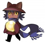 ambiguous_gender anthro blue_hair brown_body brown_fur clothing fur hair hat headgear headwear light_bulb oversized_clothing scarf simple_background solo white_background yellow_eyes cubewatermelon oneshot niko_(oneshot) domestic_cat felid feline felis mammal