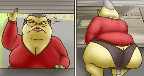 anthro big_butt bottomless breasts butt cellulite cleavage clothed clothing eyewear female glasses grey_hair hair lipstick looking_at_viewer makeup mature_female multiple_angles overweight solo sweater topwear underwear wrinkles oystercatcher7 disney monsters_inc pixar roz_(monsters_inc) monster hi_res