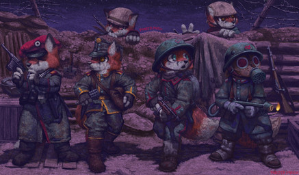 anthro armor beret boots brown_eyes clothed clothing explosives flamethrower footwear fur gas_mask green_eyes grenade gun hat headgear headwear helmet male mask night open_mouth orange_body orange_fur ranged_weapon shoes standing tail weapon white_body white_fur panzermask canid canine fox mammal hi_res