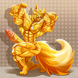 abs anthro biceps big_muscles big_penis blonde_hair dog_tags erection flexing flexing_bicep fur genitals hair huge_muscles huge_penis hyper hyper_muscles jewelry kneeling long_tail looking_at_viewer male muscular muscular_anthro muscular_arms muscular_male necklace nude nude_anthro pecs penis pose posing_for_picture purple_eyes solo tail text vein veiny_arms veiny_muscles veiny_penis yellow_body yellow_fur yellow_tail taiko-sihori canid canine fennec_fox fox mammal true_fox hi_res