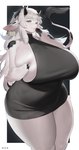 anthro big_breasts biped black_background black_body black_fur border breasts clothed clothing female fur hair hooves horn looking_at_viewer multicolored_body multicolored_fur multicolored_tail simple_background smile solo tail white_body white_border white_fur white_hair woobin94 bovid bovine cattle mammal absurd_res hi_res