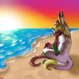 anthro beach blue_eyes breasts detailed_background duo female love male male/female outside romantic romantic_ambiance romantic_couple sand sea seaside sky summer sunset tail water yellow_eyes linkabell dhari kiara_(character) canid canine felid fennec_fox fox mammal true_fox 1:1 hi_res