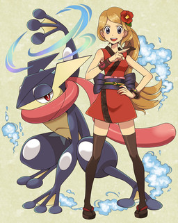 3_fingers 3_toes 5_fingers accessory action_pose ambiguous_anthro ambiguous_gender anthro arms_bent asian_clothing black_clothing black_knee_socks black_legwear black_thigh_highs blonde_hair blush bracelet breasts brown_bracelet clothed clothed_female clothed_human clothing crouching duo east_asian_clothing eyebrow_through_hair eyebrows eyelashes feet female fingers flower flower_in_hair fog grey_eyes hair hair_accessory half-closed_eyes hand_on_hip hand_on_own_hip japanese_clothing jewelry kimono legwear light long_hair long_tongue looking_at_viewer medium_breasts membrane_(anatomy) narrowed_eyes ninja open_mouth open_smile plant ponytail pose pupils red_clothing red_eyes red_flip_flops red_flower red_kimono red_tongue simple_background smile smiling_at_viewer tan_body tan_skin teeth thigh_highs thin_eyebrows toes tongue translucent translucent_hair warrior webbed_feet webbed_hands white_pupils yellow_background cyaneko04 nintendo pokemon serena_(pokemon) generation_6_pokemon greninja human mammal pokemon_(species) 2013 cel_shading colored digital_drawing_(artwork) digital_media_(artwork) japanese_description lighting shaded