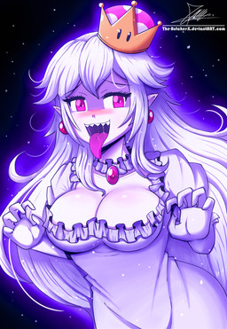 alternate_species blush bodily_fluids breasts cleavage clothed clothing crown fangs female headgear humanoid_pointy_ears humanoidized not_furry pointy_ears purple_eyes red_eyes saliva sharp_teeth solo super_crown teeth text tongue tongue_out the-butcher-x luigi's_mansion mario_bros nintendo boosette king_boo boo_(mario) ghost humanoid spirit 2018 english_text hi_res signature url