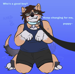 anthro bdsm begging blushing_at_viewer collar eyewear glasses good_boy kneeling leash leashed_collar male offscreen_character petplay roleplay solo tail tail_motion tailwag text transformation wearing_glasses ampersandourselves nyx_moon canid canine mammal english_text