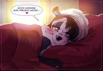 2022 anthro bed bedroom_eyes blush day detailed_background dialogue digit_ring english_text furniture half-closed_eyes heart_eyes heart_symbol hi_res inside jewelry light looking_at_viewer looney_tunes lying male mammal mephitid narrowed_eyes pepe_le_pew pillow ring romantic romantic_ambiance seductive skunk smile solo speech_bubble sunlight talking_to_viewer text walliscolours warner_brothers wedding_ring willisrisque window