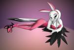 abstract_background anthro beak biped breasts bunny_costume cleavage clothed clothing costume eyebrows fake_ears fake_rabbit_ears feathered_wings feathers female footwear green_eyes high_heels legwear looking_at_viewer lying multicolored_body multicolored_feathers non-mammal_breasts on_front shoes simple_background solo stockings tail tail_feathers two_tone_body two_tone_feathers winged_arms wings corrvo yuuki feather_6 avian bird 2013 digital_media_(artwork) hi_res