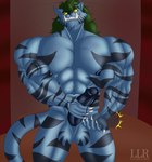 abs anthro balls biceps big_muscles blue_body blue_fur bodily_fluids cockslap erection fangs fur genital_fluids genitals green_hair hair humanoid_genitalia humanoid_penis looking_at_viewer male muscular muscular_anthro muscular_male nails nipples nude pecs penis penis_grab precum sabertooth_(anatomy) sharp_nails showing_teeth simple_background slap smile solo stripes teeth tusks klr-rio yu_yu_hakusho byakko_(yu_yu_hakusho) demon felid mammal pantherine tiger absurd_res digital_media_(artwork) hi_res