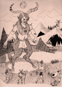 5_fingers alternate_species alternate_universe arrow_in_arm bare_chest battle bone clothing convenient_censorship demonic evergreen_tree extreme_size_difference fantasy female fingers full_moon goat_legs hair hair_covering_breasts holding_tree holding_wand horn landscape long_hair macro magic_user moon pine_tree plant sharp_teeth shirt size_difference skeleton sword_in_arm teeth topwear traditional_ink tree tunic viking viking_helmet wand warrior writing_on_arm tanicus over_the_garden_wall beatrice_(over_the_garden_wall) demon human humanoid mammal satyr 2018 absurd_res english_description hi_res monochrome story story_at_source story_in_description traditional_media_(artwork)