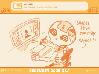 2_horns accessory ambiguous_gender blush blush_stickers bone chair computer_monitor curled_horn dialogue drawing_tablet electronics eyebrow_through_hair eyebrows fingers flower flower_in_hair furniture hair hair_accessory half-closed_eyes holding_object horn looking_at_viewer narrowed_eyes on_chair plant q&a simple_background sitting sitting_on_chair skeleton skull solo tablet_pen text translucent translucent_hair gammainks flor_(gammainks) gamma_(gammainks) animated_skeleton undead 2025 absurd_res digital_media_(artwork) english_text hi_res monochrome orange_monochrome