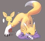 anthro ass_up bandai_namco big_breasts breasts butt canid digimon digimon_(species) duo female fur hi_res jack-o'_pose lets0020 male mammal neemon pose renamon yellow_body yellow_fur