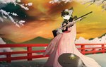 anthro asian_clothing black_hair bridge cherry_blossom cherry_blossom_tree cherry_tree clothing discontent dusk east_asian_clothing floral_pattern flower flower_on_head flower_on_tail fruit_tree fur green_eyes grey_body grey_fur gun hair holding_object holding_sniper_rifle holding_weapon japanese_clothing jewelry kimono looking_at_viewer lotus_(flower) male mountain necklace petals pink_clothing pink_kimono plant prunus_(flower) ranged_weapon rifle sniper_rifle solo standing tail tail_mouth touching_hair tree unusual_anatomy unusual_tail water weapon giru_(artist) lilith_(nekoeko) nekoeko felid mammal pantherine snow_leopard absurd_res hi_res