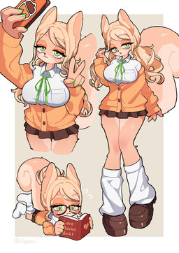 accessory alternative_fashion anthro big_breasts big_tail blonde_hair blush blush_lines bodily_fluids book bottomwear bow_tie breasts brown_bottomwear brown_clothing brown_eyewear brown_footwear brown_glasses brown_nose brown_shoes brown_skirt buckteeth chibi closed_smile clothed clothed_anthro clothed_female clothing collared_shirt colored_nails curled_tail dress_shirt ears_up electronics emanata eyewear female finger_in_hair footwear gesture glasses green_bow_tie green_eyes green_hair_tie green_nails gyaru hair hair_accessory hair_bun hair_tie hand_gesture hand_sign heart_symbol holding_book holding_object j-fashion jacket knee_blush looking_at_book looking_at_object looking_at_phone looking_at_viewer miniskirt mouth_closed nails open_mouth orange_clothing orange_jacket orange_topwear phone phone_case pink_body pink_hands pink_inner_ear pink_legs pink_tail raised_foot reading reading_book red_book school_uniform selfie selfie_pose shirt shirt_pocket shoes simple_background skirt smile socks solo sweat sweatdrop tail teeth text text_on_book tied_hair topwear touching_hair twirling_hair uniform v_sign white_background white_clothing white_footwear white_socks white_undershirt appoco mammal rodent sciurid tree_squirrel 2026 character_request colored digital_drawing_(artwork) digital_media_(artwork) english_text hi_res multiple_scenes signature
