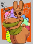 2022 3:4 4_fingers animal_crossing anthro areola areola_slip big_breasts big_butt border bottomless breasts brown_areola brown_body butt character_name clay_creature clothed clothing coco_(animal_crossing) cotton_tail curvy_figure detailed_background dress ears_up easter easter_egg empty_eyes english_text female fingers glistening glistening_body green_clothing green_dress grey_border gyroid hi_res holidays hollow_eyes huge_breasts huge_butt jyto lagomorph leporid mammal nintendo off_shoulder open_mouth orange_background portrait rabbit shaded side_view simple_background solo standing text thick_thighs three-quarter_portrait three-quarter_view voluptuous wide_hipped_female wide_hips