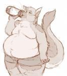 anthro belly beverage big_belly biped blush chest_tuft chubby_cheeks claws clothed clothing deep_navel drinking eyes_closed fur holding_beverage holding_object male moobs navel overweight overweight_anthro overweight_male simple_background smile soda solo topless tuft underwear white_background berlin canid canine canis domestic_dog german_shepherd herding_dog mammal pastoral_dog