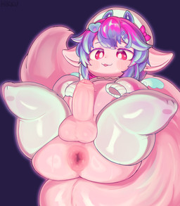 anthro anus belly blush bodily_fluids clothing femboy footwear genitals hair himuro_ruki knee_highs knee_socks legwear male penis pink_body puffy_anus red_eyes ribbons socks solo sweat hikku mythology vtuber mythological_creature absurd_res hi_res