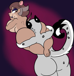 anthro big_breasts big_butt black_ears breasts brown_body brown_fur brown_hair buckteeth butt butt_squish curvy_figure duo eyelashes eyeshadow face_in_ass female fur grey_body grey_fur grey_hair hair hand_on_butt huge_breasts huge_butt lips long_hair makeup markings mature_anthro mature_female mole_(marking) multicolored_body multicolored_fur multicolored_hair narrowed_eyes nude red_eyes short_hair shortstack slightly_chubby spots spotted_body spotted_fur squish tan_body tan_fur teeth thick_thighs two_tone_body two_tone_fur two_tone_hair wide_hips someth1ngoranother louisa_(someth1ngoranother) zeldy_(zeldysnep) felid feline leopard mammal mouse murid murine pantherine rodent 2022 absurd_res digital_media_(artwork) hi_res