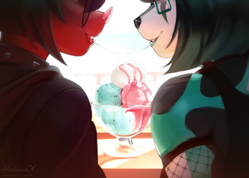 anthro biped bodily_fluids breasts clothed clothed_anthro clothed_female clothing collar dessert duo eye_contact eyewear female food glasses hair ice_cream looking_at_another rear_view saliva saliva_string smile spots teeth tongue hackainax sauvignon vivian_(vyrissvixy) arctic_fox bat canid canine fox leaf-nosed_bat mammal microbat true_fox vampire_bat yangochiropteran 2026 digital_drawing_(artwork) digital_media_(artwork) hi_res