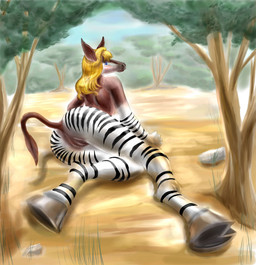 anthro blonde_hair breasts butt detailed_background female genitals hair hooves nude plant presenting presenting_hindquarters solo stripes tail tree vulva kemonolove giraffid mammal okapi