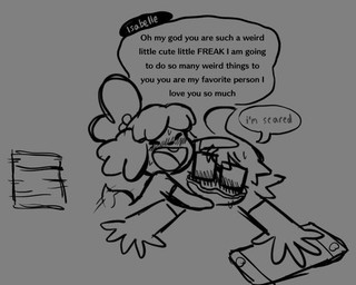 ahoge anthro blush bodily_fluids dialogue duo eyewear female flustered glasses hair male nintendo_console open_mouth rectangular_glasses speech_bubble sweat sweaty_face tail tail_motion tailwag teasing text wearing_glasses raunchyriot animal_crossing nintendo nintendo_switch isabelle_(animal_crossing) human mammal digital_drawing_(artwork) digital_media_(artwork) english_text monochrome