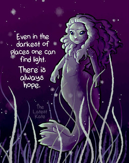 convenient_censorship female fluffy fluffy_hair freckled_face freckled_shoulders freckles hair navel nude purple_background simple_background solo split_form tail text underwater water the_latest_kate aquatic humanoid merfolk english_text