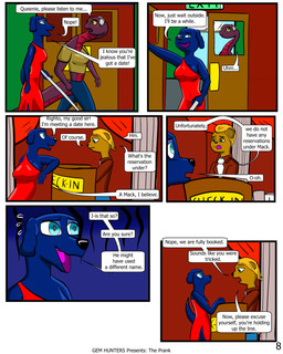 anthro blind bottomwear clothing cloud cochlear_implant_processor counter deaf denim denim_bottomwear denim_clothing dialogue disability door dress female jeans pants pillar shirt suit text topwear walking_stick baristagamerproductions ada_(gem_hunters) queenie_(gem_hunters) canid canine macropod mammal marsupial quokka reptile scalie snake 4:5 absurd_res comic english_text hi_res