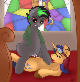 bodily_fluids bottomless church clothed clothing cowgirl_position cum duo erection female from_front_position genital_fluids genitals horn male male/female nude on_bottom on_top penis sex straddling vulva conditional_dnp meggchan hasbro my_little_pony mythology electric_spark fan_character equid equine mammal mythological_creature mythological_equine unicorn digital_media_(artwork)