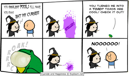 bald black_hair clothing curse dialogue duo female hair hat headgear headwear magic magic_user male simple_background spell text transformation wand white_background witch kris_wilson rob_denbleyker cyanide_and_happiness amphibian frog human mammal toad_(frog) comic english_text