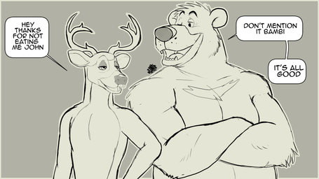 anthro antlers arm_tuft bedroom_eyes big_arms crossed_arms dialogue duo elbow_tuft horn male musclegut muscular narrowed_eyes nude one_eye_closed open_mouth seductive size_difference speech_bubble teeth_showing text tuft wink hunter-husky bambi_(film) disney robin_hood_(disney) wish_(film) bambi little_john bear deer mammal 16:9 english_text hi_res sketch widescreen