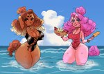 anthro big_breasts breasts brown_body brown_fur clothed clothing cloud dessert duo eyelashes female fluffy fluffy_tail food fur hair hot_dog ice_cream jewelry looking_at_viewer makeup necklace one-piece_swimsuit partially_submerged pink_hair pit poofy_hair sea skimpy sky smile smiling_at_viewer standing swimwear tail thick_thighs tight_clothing water lewdersheep canid canine canis mammal 2022 hi_res