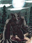 anthro carcass claws fangs fantasy forest full_moon male moon muscular muscular_male night nude outside plant red_eyes snow solo teeth tree nyghtmar3 canid canine canis mammal monster werecanid werecreature wolf hi_res traditional_media_(artwork)