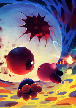 1_eye ambiguous_gender blood blush blush_lines bodily_fluids cloud cloudy_sky detailed_background determined eye_contact fight floating gore group holding_object holding_wand levitation looking_at_another love-love_stick not_furry open_wound pink_body red_body side_view size_difference sky trio wand suyasuyabi427 kirby's_dream_land_3 kirby_(series) nintendo gooey_(kirby) kirby zero_(kirby) dark_matter_(kirby) eyeball_monster waddling_head 2022 absurd_res digital_drawing_(artwork) digital_media_(artwork) hi_res signature