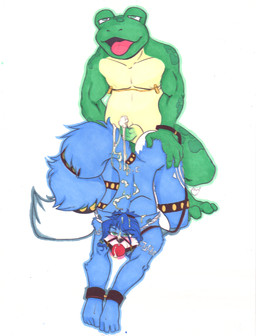 anthro ball_gag bdsm bodily_fluids bondage bound bukkake collar cuff_(restraint) cuffs_(object) cum doggystyle dominant dominant_male duo ejaculation female from_behind_position gag genital_fluids leash leather_bondage male male/female nipple_clamp restraints sex submissive submissive_female tomatobasket yawg nintendo star_fox krystal_(star_fox) slippy_toad amphibian canid canine fox frog mammal toad_(frog) absurd_res colored hi_res marker_(artwork) traditional_media_(artwork)