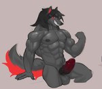 abs alexzandr_sokolov anthro balls besky_(artist) biceps big_penis black_body black_fur black_hair black_tail broad_shoulders canid canine canis colored_sketch flexing fur genitals gradient_penis hair male mammal markings medial_ring muscular muscular_male nipples obliques pecs penis red_ears red_eyes red_markings red_tail sitting sketch smile smiling_at_viewer solo tail thick_neck thigh_up wolf