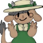 4_fingers ambiguous_gender anthro blush blush_stickers broken_horn brown_body brown_fur clothed clothing collared_shirt fingers fur green_clothing green_overalls green_ribbon grey_hair grey_horn hair hat headgear headwear horn overalls shirt short_hair simple_background simple_eyes smile solo straw_hat tan_clothing tan_shirt tan_topwear topwear white_background manitka manitka_storm bovid bovine cattle mammal 1:1 2021 digital_media_(artwork) low_res