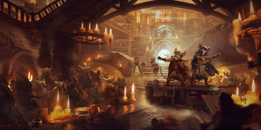 anthro apron belt bottomwear brown_body brown_fur candle clothing detailed_background fantasy female food fur furniture grey_body grey_fur group holding_lute inside male pants playing_lute scabbard shirt smoke smoking_pipe standing table tail tavern topwear didier_konings hristo_chukov mouse_guard mammal mouse murid murine rodent concept_art hi_res