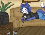 anthro biped black_nose blue_body blue_fur blue_hair clothing console_on_ground controller cord crt electronics female floor fur furniture game_console game_controller gaming green_eyes hair jewelry lying nes_console nes_controller nintendo_console nintendo_controller playing_video_game retro_console retro_controller short_hair smile sofa solo television white_body white_fur wired_controller wood wood_floor wood_furniture raquelhg nintendo nintendo_entertainment_system star_fox krystal_(star_fox) canid canine fox mammal hi_res signature